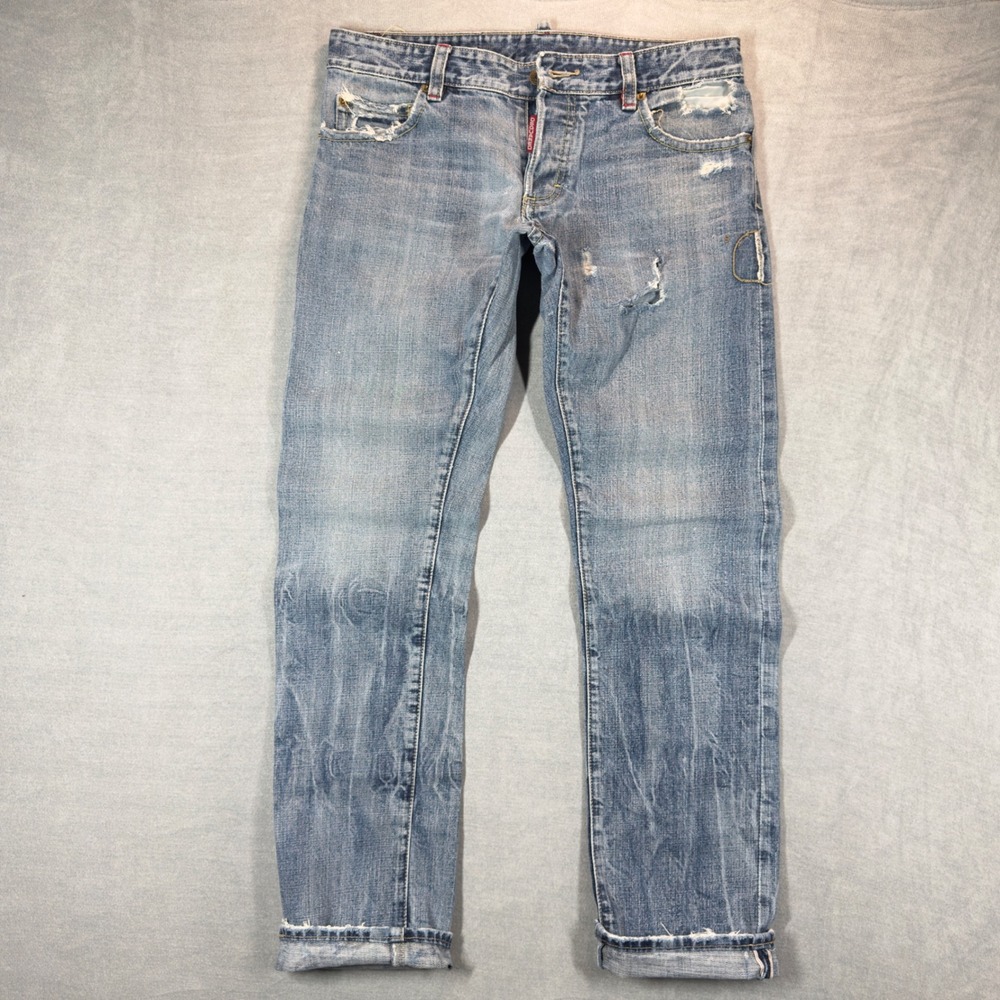 Dsquared2‎ Selvedge Jeans Mens 34x34 Distressed Faded Whiskered Leaf Embroidered
